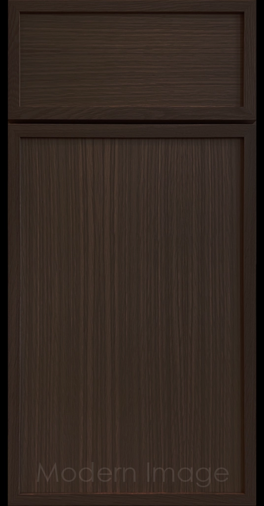 Close-up of a Cocoa Stain Arcadia shaker-style cabinet door, featuring slim stile & rail surrounding a flat center panel